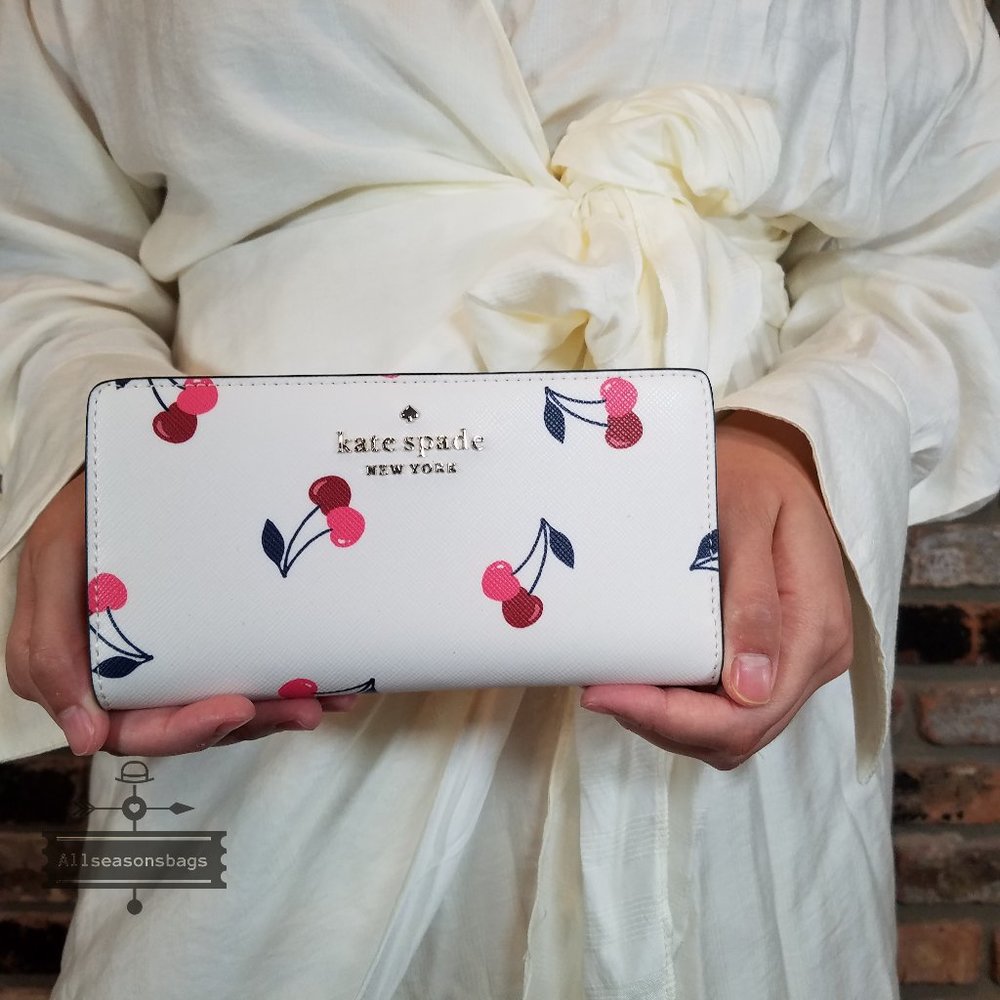 AUTHENTIC Kate Spade Staci Dancing Cherrie Cherry Large Slim Bifold Wallet WHITE